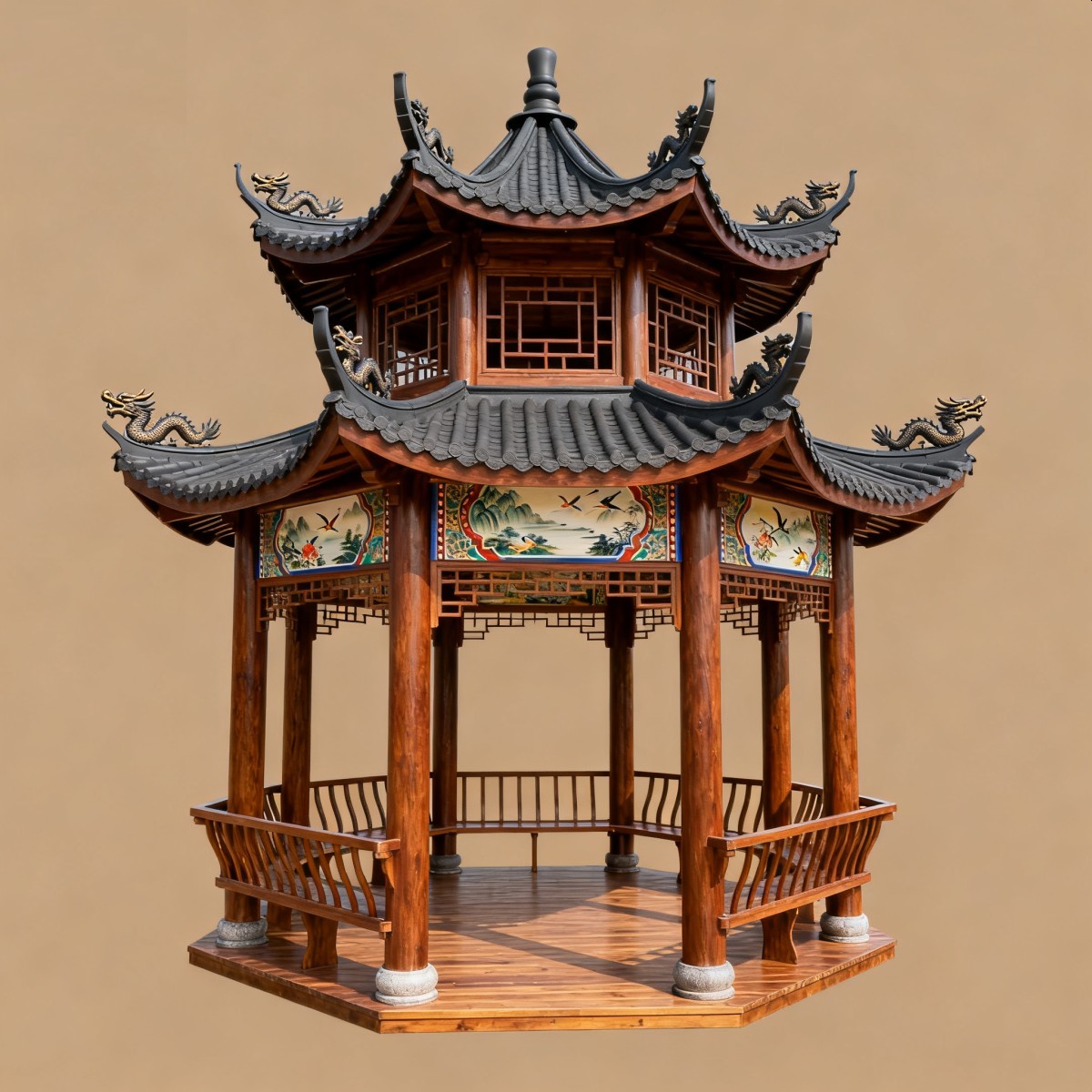 河南仿古风格防腐木凉亭,实木凉亭,木亭